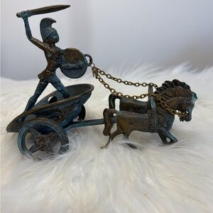 Vintage Bronze Chariot Figurine with Blue Accents